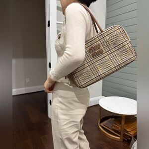 Beige and Brown Plaid Shoulder Bag